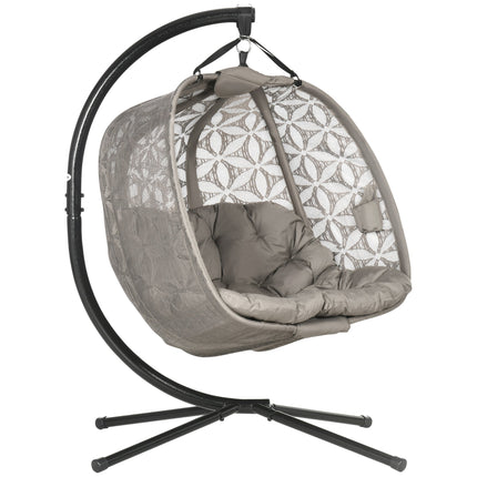 Double Outdoor Hanging Swing Chair with Metal Stand, Foldable Basket & Cup Holders - Sand Brown