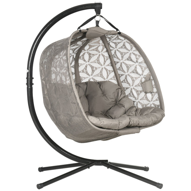 Double Outdoor Hanging Swing Chair with Metal Stand, Foldable Basket & Cup Holders - Sand Brown
