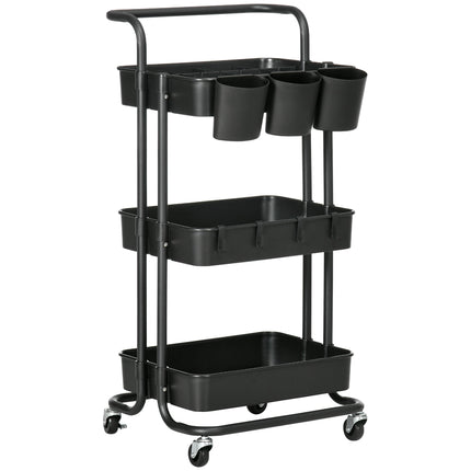 3 Tier Utility Rolling Cart with Removable Mesh Baskets, Hanging Boxes, Hooks & Dividers - Black