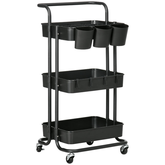 3 Tier Utility Rolling Cart with Removable Mesh Baskets, Hanging Boxes, Hooks & Dividers - Black