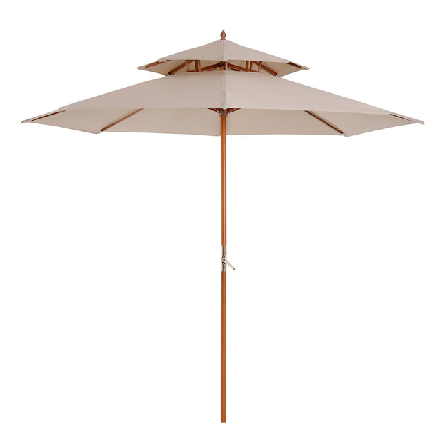 Double Canopy Outdoor Parasol with Solid Wood Frame 2.7x2.6m - Beige