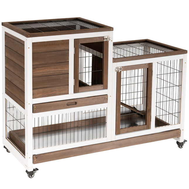 Wooden Indoor Rabbit Hutch with Wheels Two-Tier Small Animal Cage 110x50x86 cm - Brown
