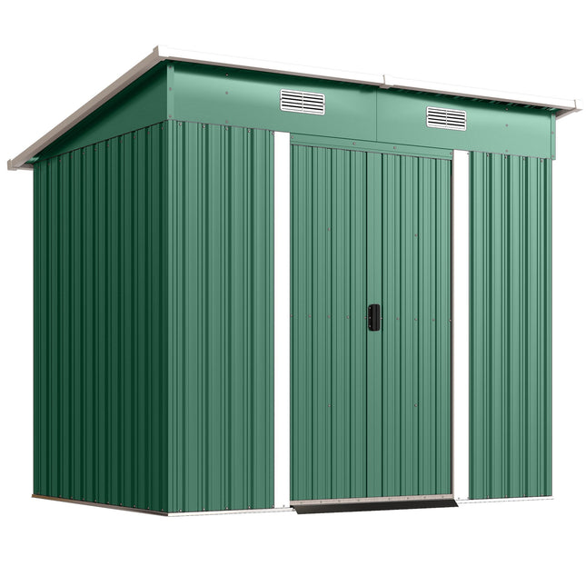7 x 4ft Outdoor Storage Shed with Foundation Kit, Lean to Metal Garden Shed for Log, Rubbish Bin, Tool, Bike, Green