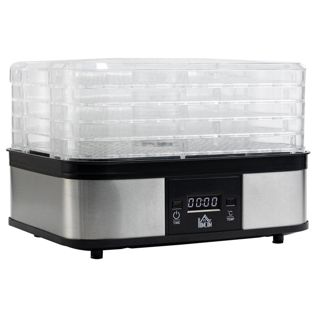5 Tier Stainless Steel Food Dehydrator with Adjustable Temperature & Timer - Silver