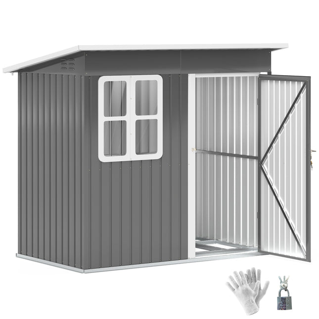7 x 4ft Galvanised Steel Garden Shed with Lock, Gloves & Foundation Kit - Grey