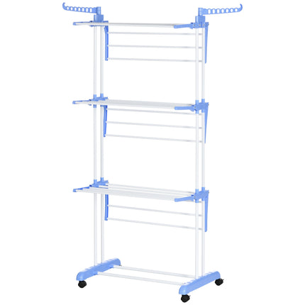 4-Tier Foldable Steel Clothes Drying Rack with Castors for Indoor & Outdoor Use - Blue