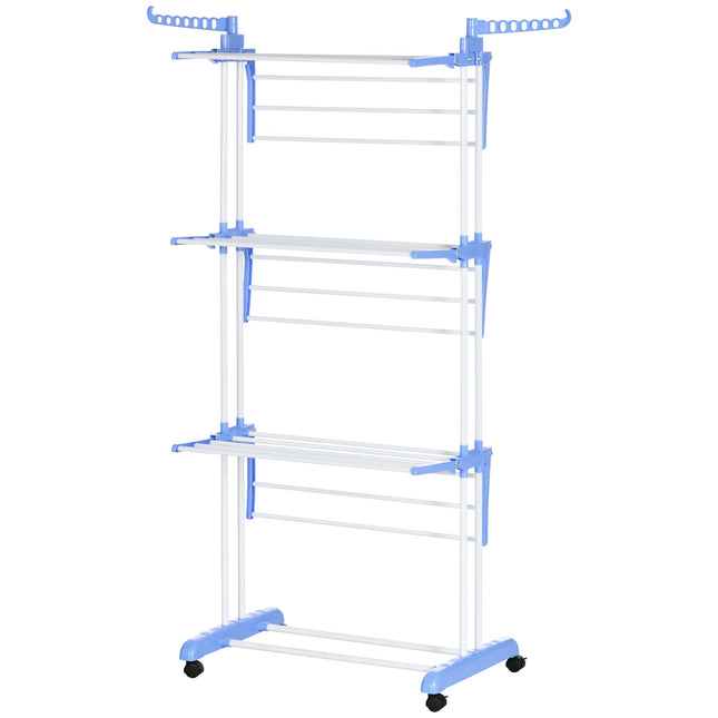 4-Tier Foldable Steel Clothes Drying Rack with Castors for Indoor & Outdoor Use - Blue