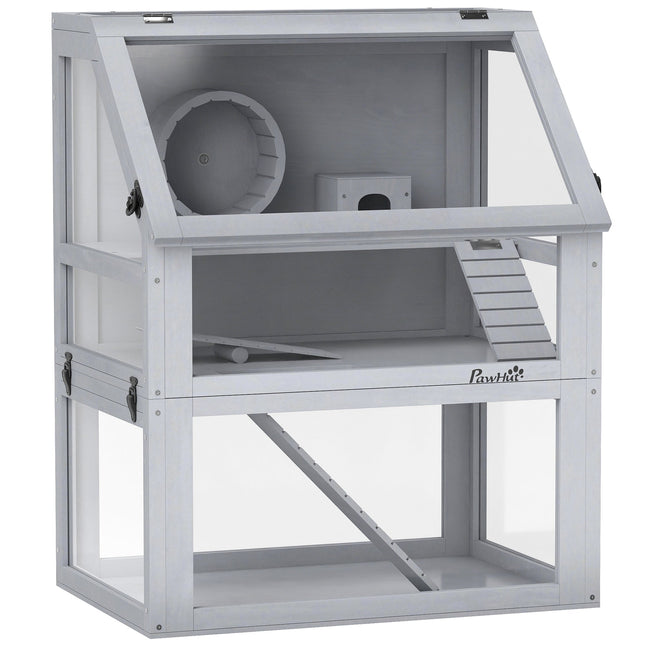 Wooden Hamster Cage with Detachable 32cm Deep Bottom, Hut, Seesaw, Exercise Wheel, Ramp, 60 x 40 x 75cm, Light Grey