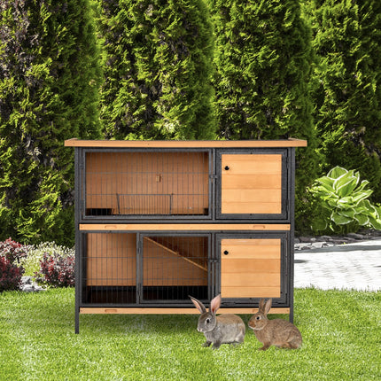 2-Floor Wooden Guinea Pigs Hutch and Bunny Cage with Metal Frame, Slide-Out Tray, Ramp, Lockable Doors - Light Yellow Black