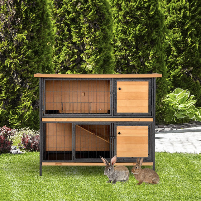 2-Floor Wooden Guinea Pigs Hutch and Bunny Cage with Metal Frame, Slide-Out Tray, Ramp, Lockable Doors - Light Yellow Black