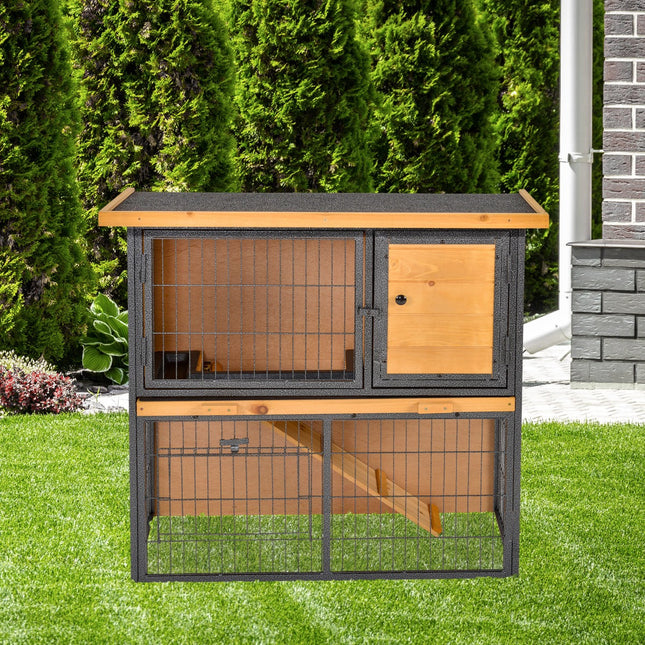 Wood-Metal Elevated Guinea Pig Hutch with Slide-Out Tray and Lockable Door Outdoor - Light Yellow Black