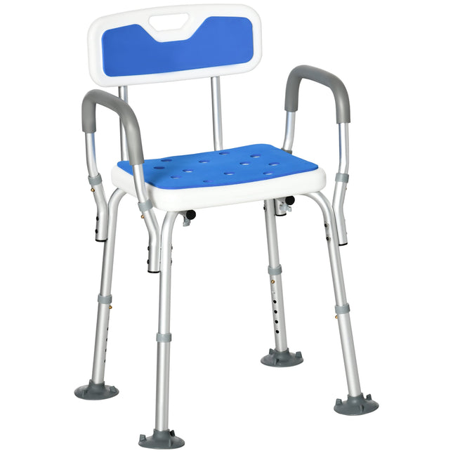 Adjustable Shower Stool with Back, Arms & 4 Suction Feet for Elderly and Disabled - Blue